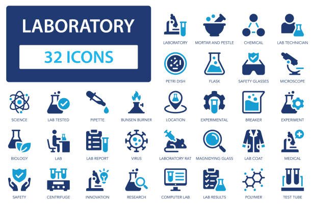 Laboratory flat icons collection. Science, virus, biology, safety, mortar, lab, microscope, beaker, technician, esearch, chemical, experiment sign set.